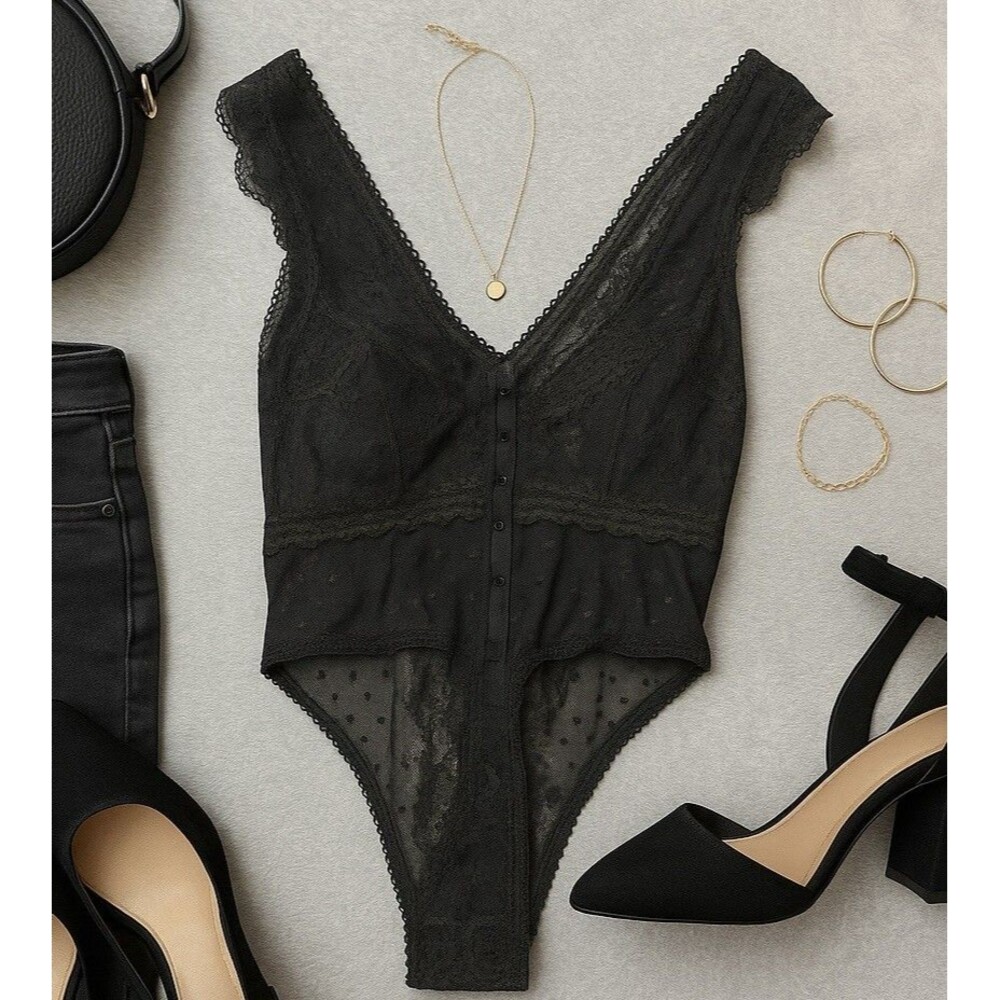Black Lace Sheer Mesh Bodysuit XS Deep V Lingerie One Piece Sexy‎ Nightwear